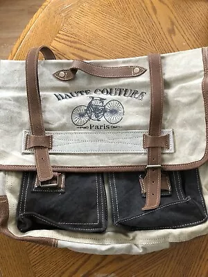 MYRA BAG VICTORS Upcycled Messenger Bag Tan Canvas & Leather Crossbody Zipper • $22