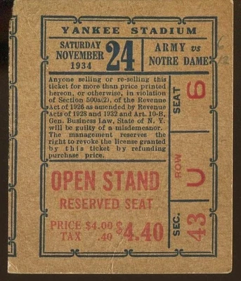 $75 • Buy Ticket College Football 1934 Army - 11/24 - Notre Dame - HTF Away Game