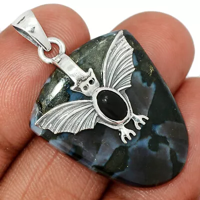 Bat - Natural Mystic Merlinite Crystal & Black Onyx 925 Silver Pendant CP42803 • $15.99