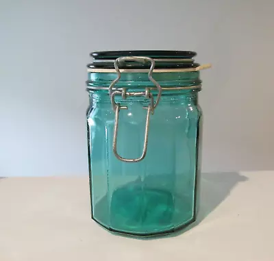 Vintage Green Glass Paneled Ribbed Canister Jar 5.75” Tall Wire Bale Hinged Lid • $19.58
