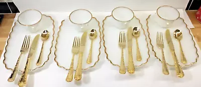 Vtg Anchor Hocking Classic Snack Set Of 4 22 K Gold Edge W/Rogers Gold Flatware • $50