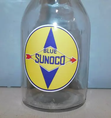 Blue Sunoco 1 QT GLASS ENGINE OIL BOTTLE Metal Spout Arrow Logo D • $15.95