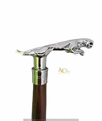 Jaguar Handle Wooden Walking Stick Cane Brass Chrome Finish Brown Sturdy Wood • £19.99