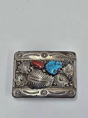 Vintage Navajo Sterling Silver Turquoise & Coral Belt Buckle Beautiful Floral... • $57