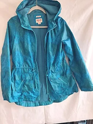 Mossimo Rain Jacket Women's M Blue/Green Print Water Resistant Lined Hood • $16.99
