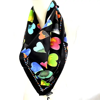 NEW MOSCHINO 100% Silk Square Scarf Black/Multi Hearts Hand RollIed Italy NWT • $72