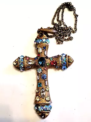 Vintage Cross Pendant With Colored Rhinestones  4 Inch • $44