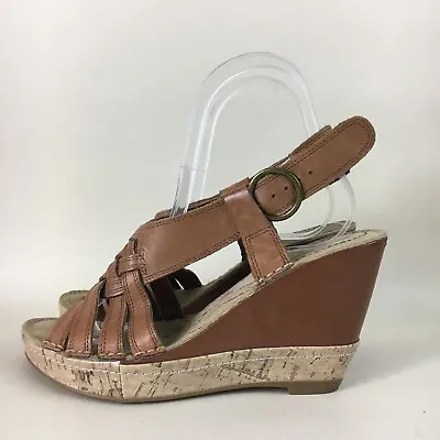 HUSH PUPPIES HEELS 4 BROWN Tan Sandals Real Leather Woven Espadrille Wedge • £22.48