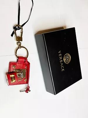 NEW VERSACE Crimson Red Leather & Gold Metal Lock & Key Keychain • $150