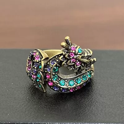 Vintage Heidi Daus DRAGON Antiqued Goldtone Bright Colorful Crystal Ring Sz 8.25 • $76.49