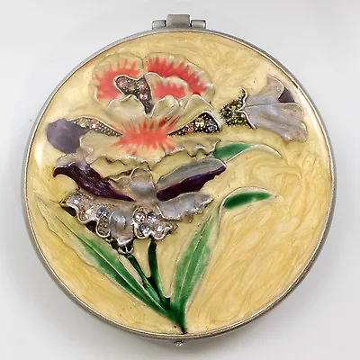 Jeweled Flower Motif Antique Look Compact Mirror Enamel Painted W/ Crystals  • $23