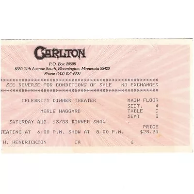 MERLE HAGGARD Concert Ticket Stub BLOOMINGTON MN 8/13/83 CARLTON CELEBRITY ROOM • $12.99