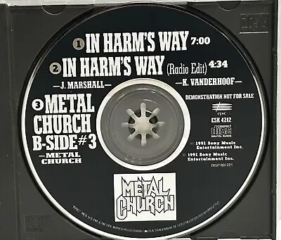 METAL CHURCH  In Harm's Way  OOP Promo CD SINGLE : Epic Records @ 1991 Thrash • $2.99