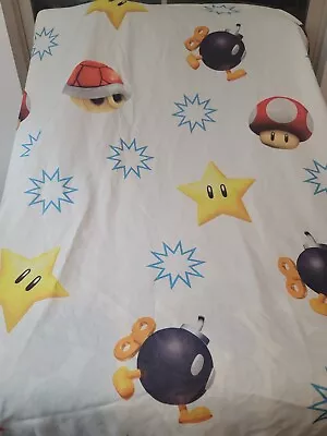 Nintendo Super Mario Bros White Full Fitted Sheet Toad Bomb Star Koopa Shell • $8