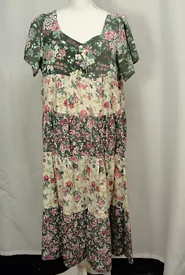 Vtg 80s Sea Wind Drop Waist Dress Floral Roses Print Lagenlook Cottage Core Sz L • $22.95