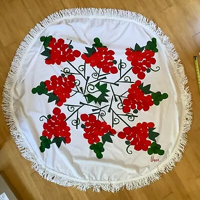 VINTAGE Vera Neumann Cotton Tablecloth 60  ROUND With FRINGE Red Green GRAPES • $60