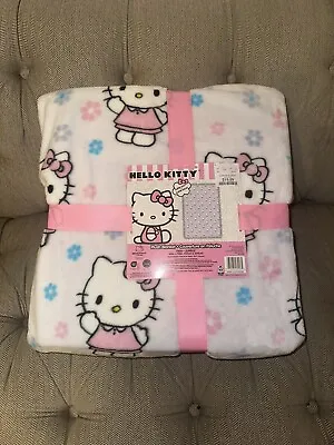 Hello Kitty White Pink Blue Spring Flowers Plush Throw Blanket Twin 60x90 • $48