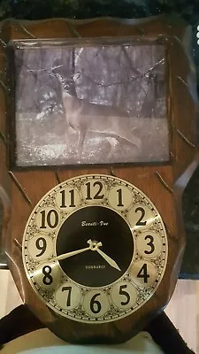 Vintage Large Beauti-Vue Sunburst Clock On Wooden Carved Slab With Deer Picture • $39.99