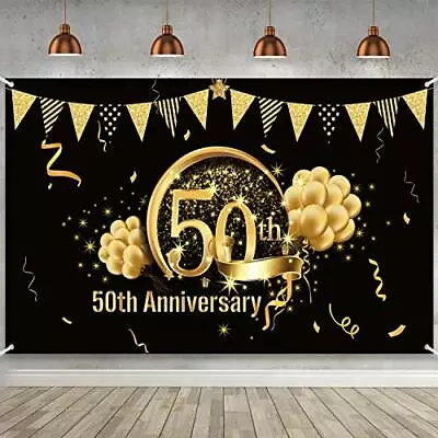50th Anniversary Decorations Extra Large Fabric Black Gold Sign Poster For 50th • $13.37