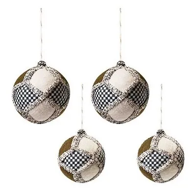 Mackenzie Childs Courtly Check Farmhouse Fabric Ball Ornaments Set Of 4 RARE NEW • $48.99