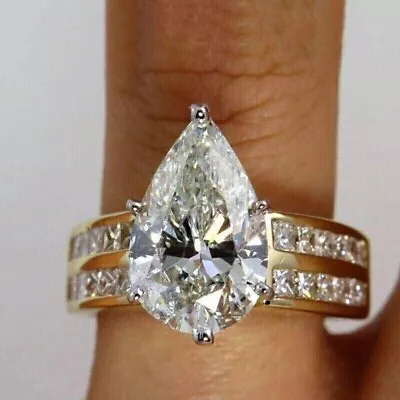 4 CT Pear Cut Lab Created Diamond Solitaire Wedding Ring 14k Yellow Gold Plated • $106.25