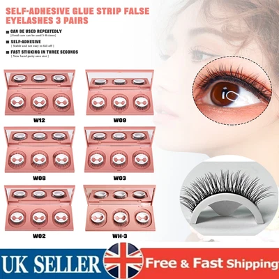 £9.58 • Buy 3Pairs Reusable Self Adhesive False Eyelashes Natural Long Thick Fake Eye Lashes