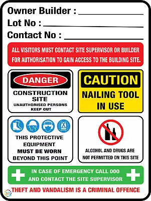 Owner Builder Construction Site Safety Sign - Various Sizes & Material (bd13) • $36.29