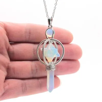 Silver Plated Opalite Opal Stone Merkaba Star Hexagon Pendulum Pendan Necklace • $3.43