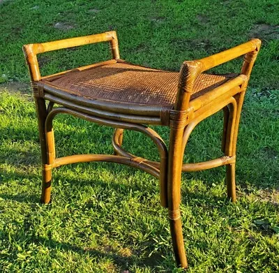 Vtg Mcm Bamboo Wicker Bench Brown Bohemian Rattan Woven Plant Room Seat Art Deco • $400