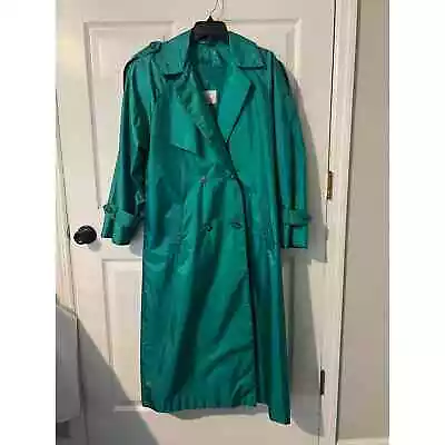 Vintage 1980's TOTES Turquoise Taffeta Double Breasted Long Trench Coat Size 8 • $32