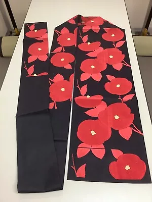 Japanese Vintage Kimono Nagoya Obi Polyester Black Red Flower Tradition 141x12in • $59.90