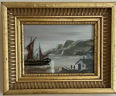 An Antique Seascape Oil On Board Painting Sailing Ship At Harbour English School • £30