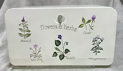 Vintage Mid Century Metal Bread Box Tin & Shelf - Hand Painted - Flowers & Herbs • $110.49