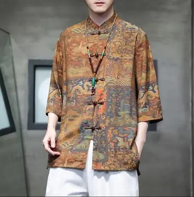 Men's Youth Vintage Chinese Painting Stand Collar 3/4 Sleeves Tang Shirt SKGB • £33.59