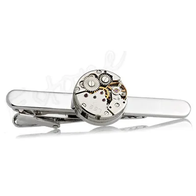 Fashion Steampunk Men S Tie Clip Vintage Watch Movement Tie Clasp Silver • $9.56