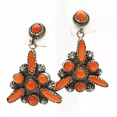 Vintage Southwest Sterling Silver Red Coral Cluster Dangle Earrings • $119