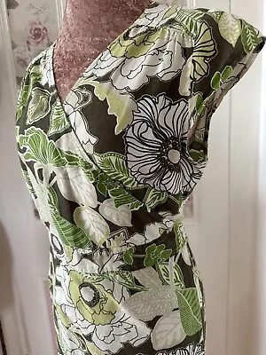 Phase Eight Gorgeous Green Retro Print Wrapover Linen Dress Uk18 Quirky And Cool • £11