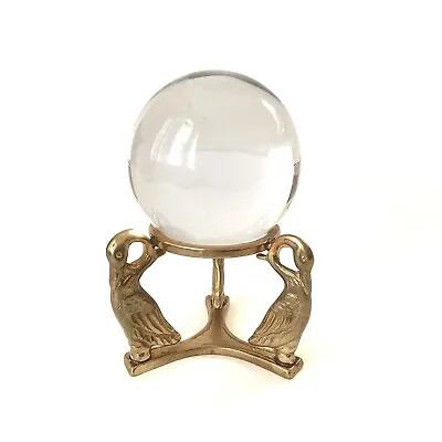 Vintage Crystal Glass Ball Brass Crane Bird Stand Peace Loyalty Symbol • $39.99