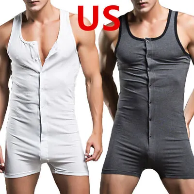 US Men One Piece Jumpsuit Bodysuit Unitard Tank Top Workout Romper Casual Button • $15.63