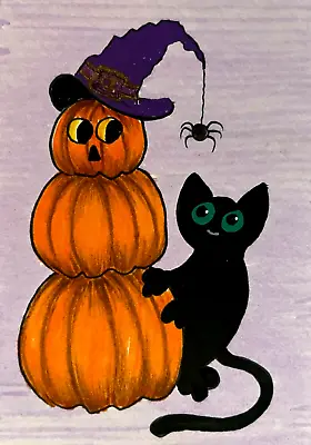 $5.99 • Buy ACEO Original Art Painting Black Kitty Cat Kitten Halloween Pumpkin By Saulite