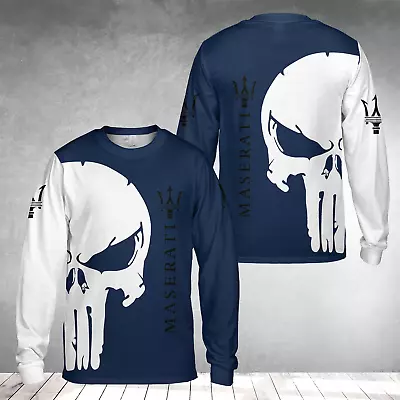 Personalized MASERATI Logo Racing White Skull Long Sleeve Shirt S-5XL Best Price • $31.90