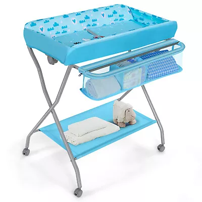 Folding Baby Changing Table Rolling Baby Diaper Changing Station W/ Large Basket • £49.95