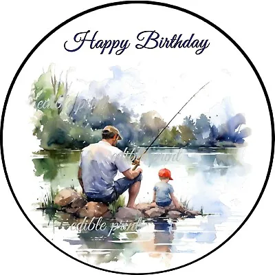 Watercolour Happy Birthday Fishing Edible Print • £6.29