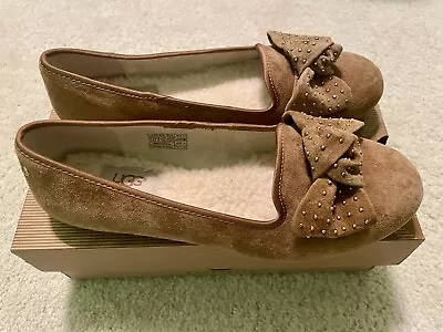 UGG Brown Beige Shoes Alloway Studded Bow  NIB Flats Real Shearling Size 7.5 • $55