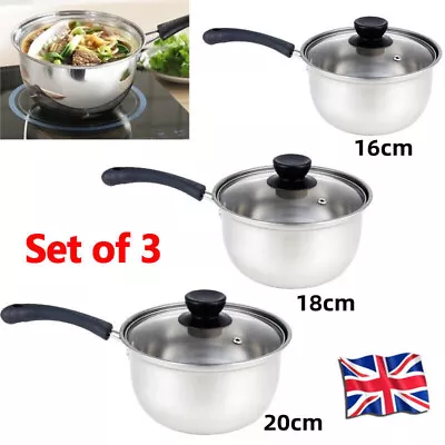 3-Piece Pan Set Stainless Steel Non Stick Saucepan Cookware Pot W/Glass Lids UK • £14.99