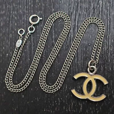 CHANEL Silver Plated CC Logos White Vintage Necklace Pendant #9147a Rise-on • £17.02