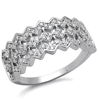 Micro Pave CZ Round Cut Zig Zag Band 925 Sterling Silver Engagement Ring • $119