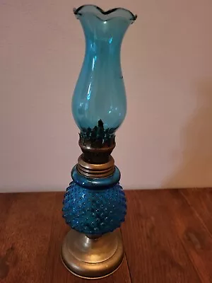 Vintage Mini Hobnail Blue Depression Glass Oil Lamp W/ Chimney Globe 10  • $16