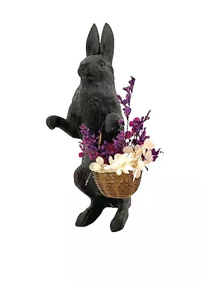 Rabbit Figurine Bronze With Brass Basket And Dried Flowers Vintage Statue Decor • $165