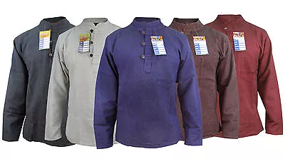 Men's Plain Hemp Cotton Full Grandad Collarless Button Nepalese Boho Shirt Tops • £21.99